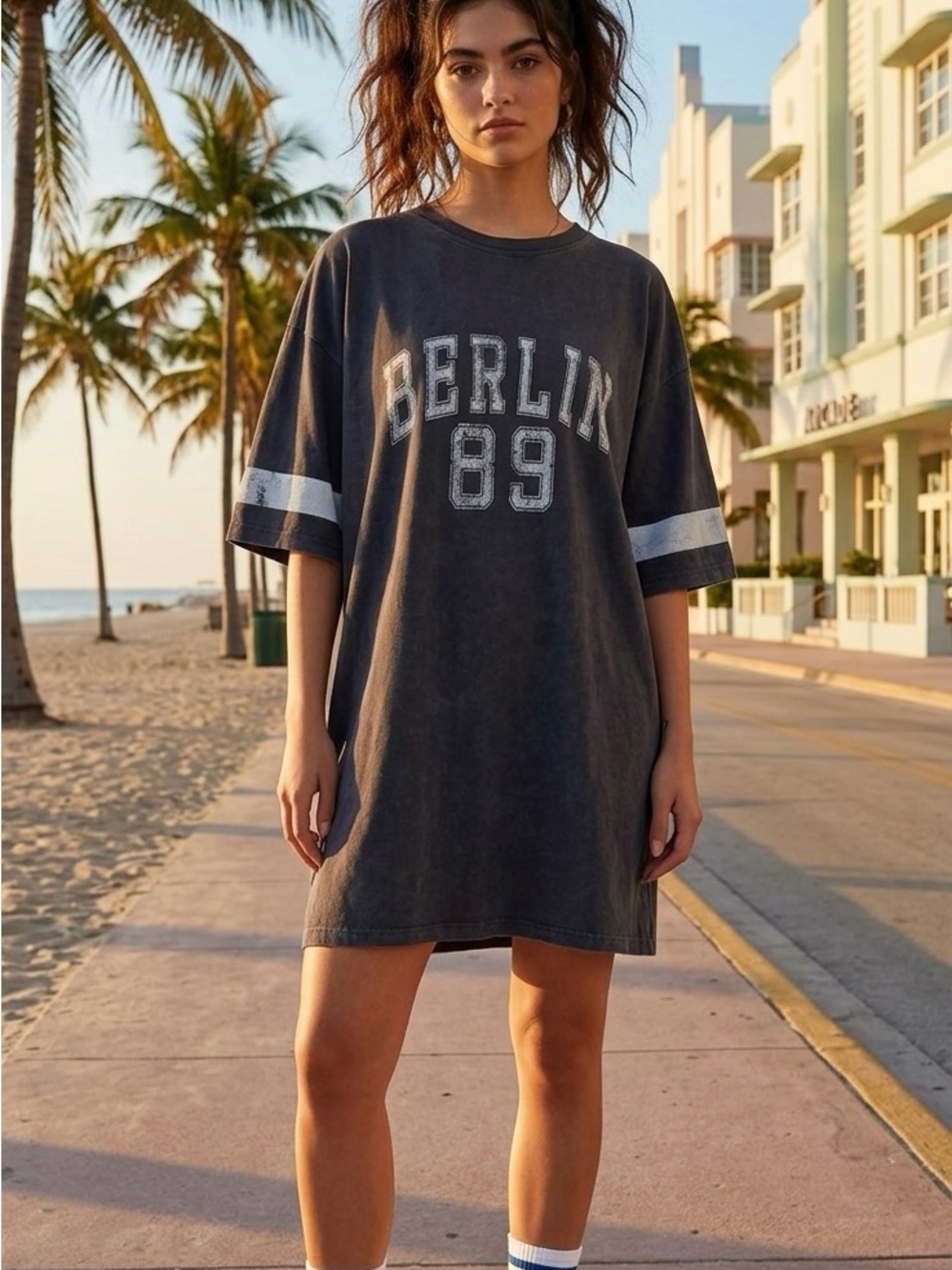 ASOS Charcoal Gray 'Berlin 89' Mini T-shirt Dress with White Sleeve Stripes